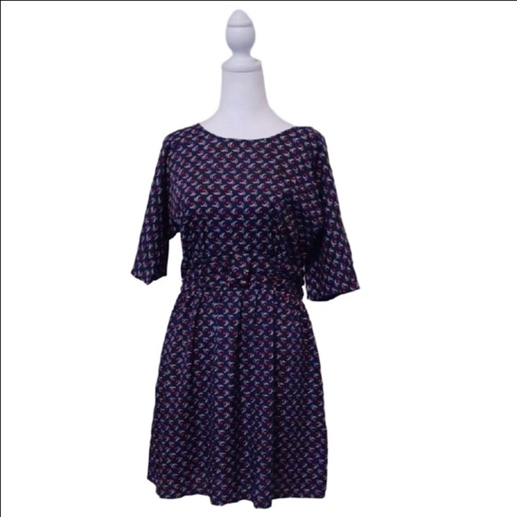 🐈⬛Elegant Dark Blue and Red  Patterned Dress - Picture 3 of 9